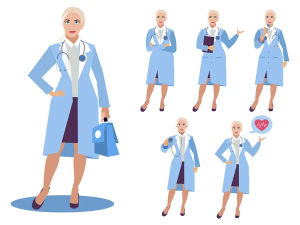 Set, isolado em fundo branco médico mulher. Diferentes poses, ferramentas. Desenhos animados vetor plana —  Vetores de Stock