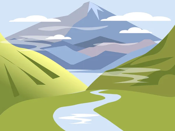 Background, landscape. Valley of hills with river and mountains. In minimalist style Cartoon flat vector