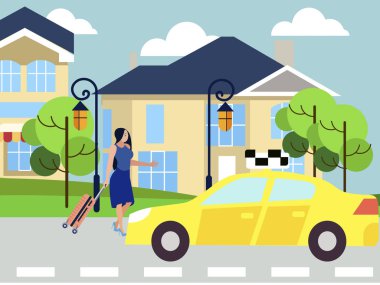 Kız taksi çağırır, şehrin sokağından arabaya doğru yürür. Minimalist tarzda Karikatür düz vektör