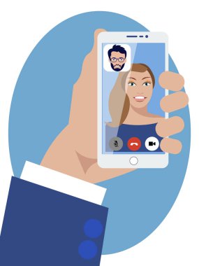 Görüntülü arama. Sosyal ağlardaki bir çift sevgilinin telefon la iletişimi. Minimalist tarzda. Karikatür düz vektör