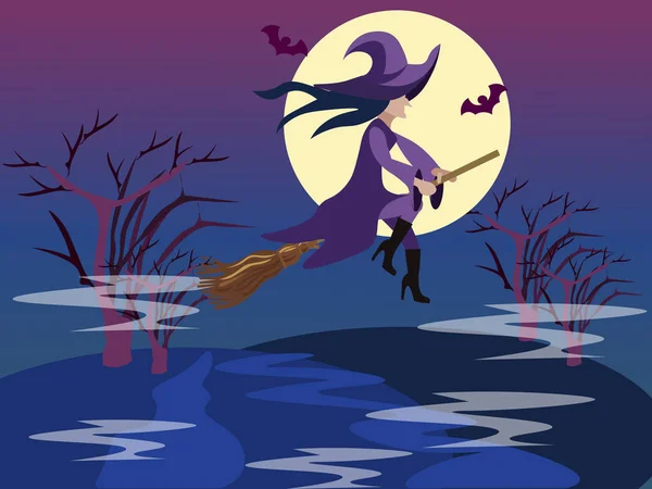 La strega vola su una scopa, congrega. Fantasy Halloween. In stile minimalista. Vettore piatto del fumetto — Vettoriale Stock