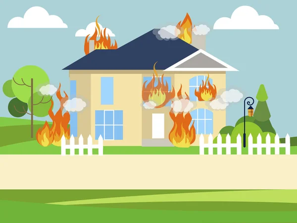 Fuego, mansión en llamas, casa. En estilo minimalista. Dibujos animados vector plano — Archivo Imágenes Vectoriales