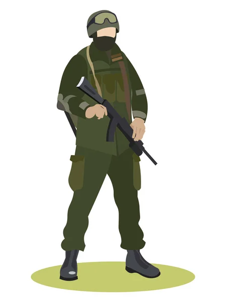 Servicio militar, soldado de uniforme, camuflaje de fuerzas especiales. En estilo minimalista. Dibujos animados vector plano — Vector de stock