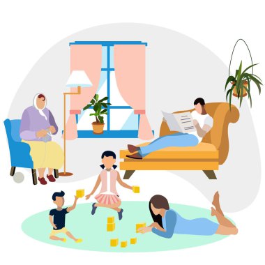 Aile ortamı. Aile evde istirahat. İç oda. Minimalist tarzda. Düz izometrik