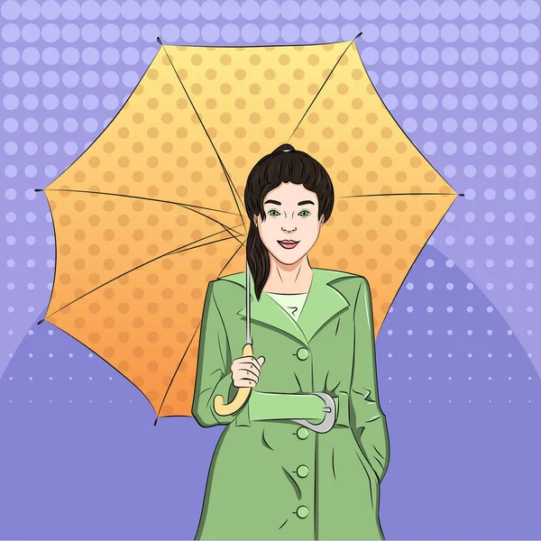 Поп-арт фон. Девушка под зонтиком в плаще, весной дождь. Растер — стоковое фото