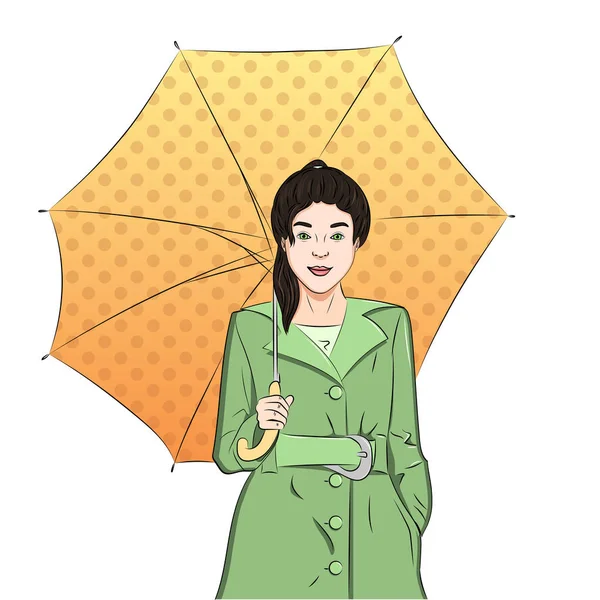 The object is isolated on a white background. Girl under an umbrella in a raincoat, rain in spring. Raster