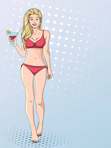 Pop-Art achtergrond, imitatie van Comics stijl. Een mooi meisje in een badpak met een glas cocktail wandelingen langs het strand. Raster — Stockfoto