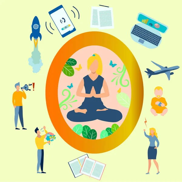 Yoga, the girl in the lotus position is closed from the problems. All the distractions are gone flat. In minimalist style. Cartoon