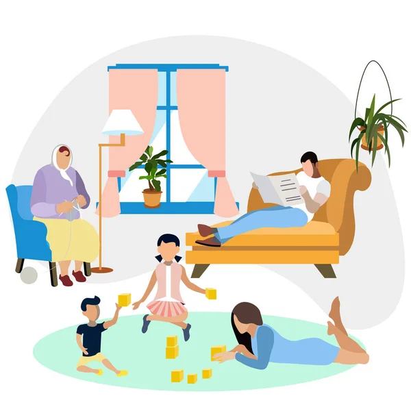 Family environment. Family resting at home. Interior room. In minimalist style. Flat isometric