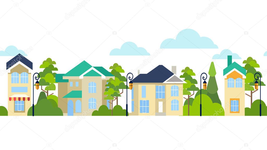 Seamless pattern. Street of houses and trees. Infinite city. In minimalist style. Flat isometric