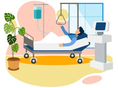 Chamber in the hospital, the man is in the hospital trauma department. In minimalist style. Flat isometric raster clipart
