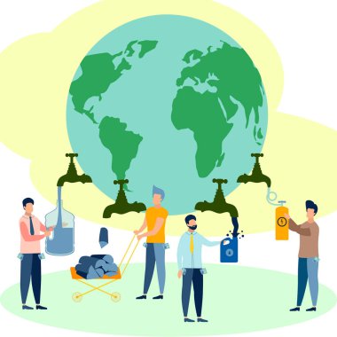 Ekoloji teması, insanlar Dünya gezegeninin tüm kaynaklarını ellerinden alıyorlar. Minimalist tarzda. Karikatür düz raster