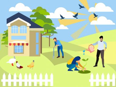 Yazevinde hafta sonu, ziraat. Aile bahçede çalışıyor. Minimalist tarzı Karikatür düz raster olarak