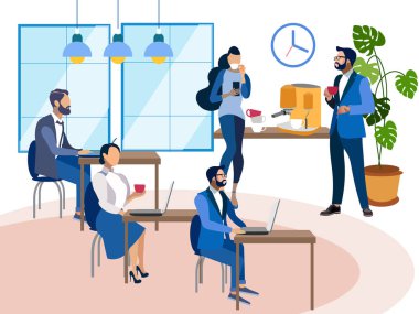 İşyerinde ofis personeli, iç mekan. Minimalist tarzı Karikatür düz raster olarak