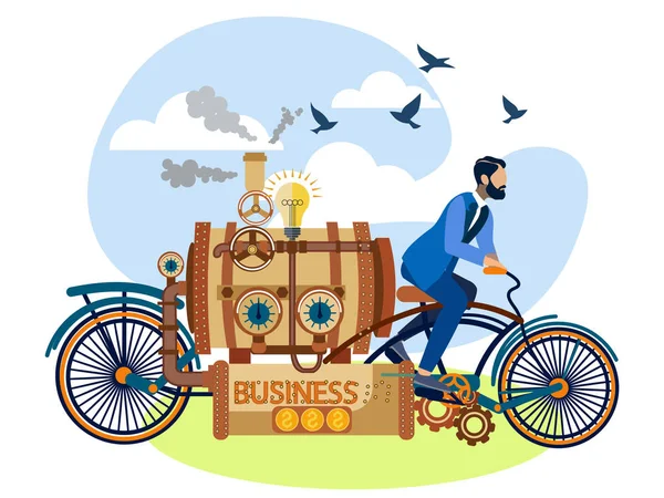 Бизнесмен водит бизнес-машину, велосипед. В минималистском стиле Cartoon flat raster — стоковое фото