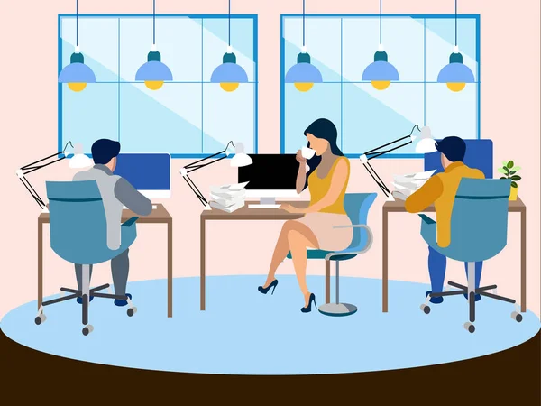 The working environment in the office. Employees work. In minimalist style Cartoon flat raster — Stock Photo, Image