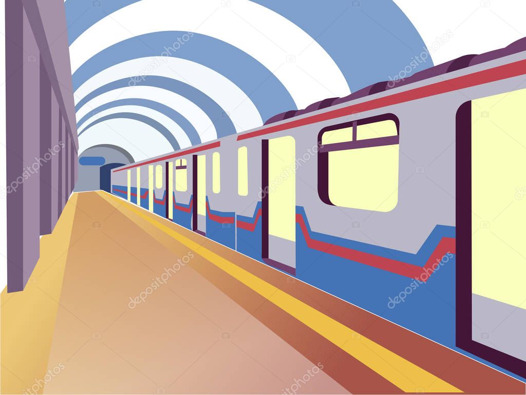 Underground. The train car is at the station. In minimalist style. Cartoon flat vector