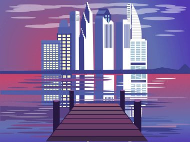 Şehir manzaralı marina, uygarlık. Minimalist tarzda. Karikatür düz vektör