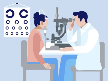 Göz doktoruyla randevusuolan kadın, görme testi. Minimalist tarzda. Karikatür düz vektör