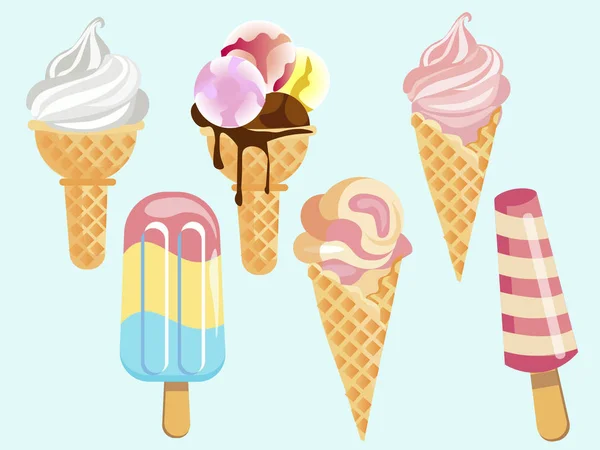 Set of 6 types of ice cream. In minimalist style. Cartoon flat vector — Stock Vector