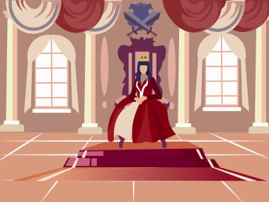 Kraliçe tahtına oturuyor. Minimalist tarzda. Karikatür düz vektör