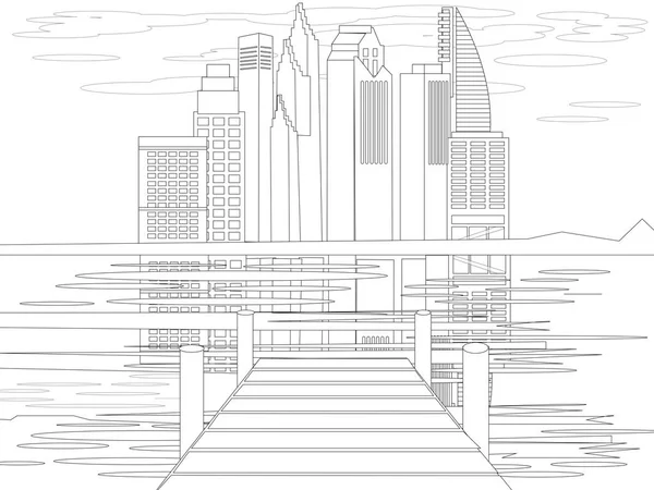 Marina con vistas a la ciudad, la civilización. Esbozo de libro a color. Dibujos animados vector plano — Archivo Imágenes Vectoriales