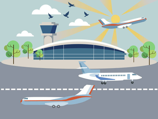 Airport, air transport. Building and airplanes. In minimalist style. Cartoon flat vector