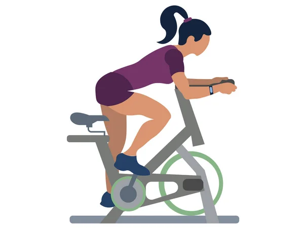 Sport meisje op een stationaire fiets, geïsoleerd object. Sport en recreatie. In minimalistische stijl. Cartoon flat — Stockvector