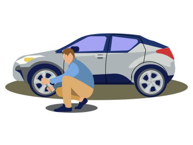 A man changes the wheel of a car. Tire service. In minimalist style. Cartoon flat clipart