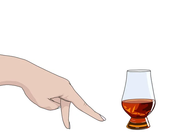 Die weibliche Hand zeigt eine Geste mit den Fingern. Ein Glas Whisky in der Nase. Umrisssymbol isoliert auf weißem Hintergrund. Realistische Zeichnung. Vektor — Stockvektor