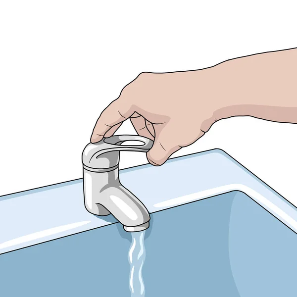 Seramik mobilya musluğu. Kadın eli lavabodaki suyu açar. Beyaz arkaplanda izole — Stok Vektör