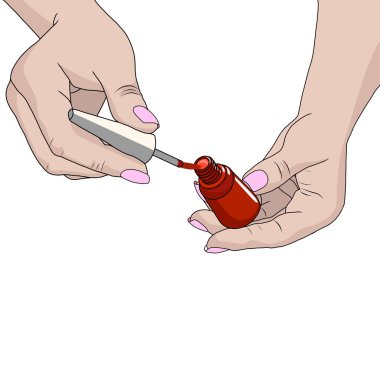 Koyu kırmızı bir kadınla el manikür ve Lehçe şişe tırnak