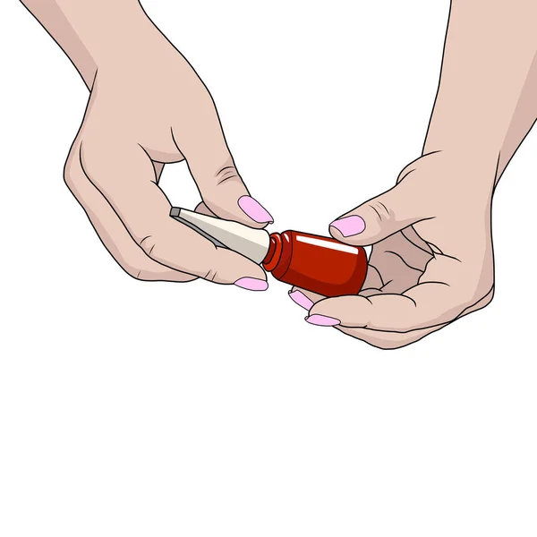 Manos de una mujer con manicura de color rojo oscuro y botella de esmalte de uñas — Vector de stock