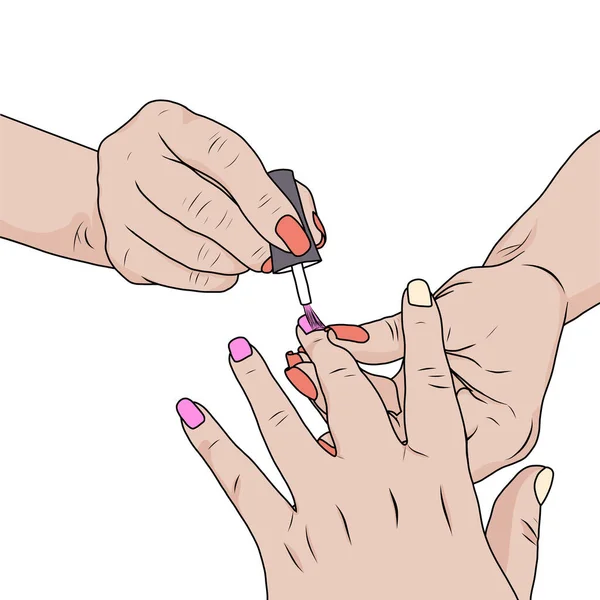 Manicure to kosmetyczna pielęgnacja paznokci i dłoni, wykonywana w domu lub w salonie kosmetycznym. — Wektor stockowy