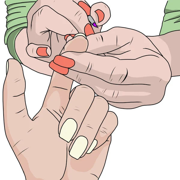 매니큐어 (manicure) 는 손톱 과 손을 화장품으로 사용하는 것으로, 집에서 나 못을 파는 곳에서 행해 진다. 흰 배경 — 스톡 벡터