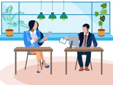 Tartışma, ofiste tartışma. İki rakip soru soruyor. Minimalist tarzda. Düz izometrik raster