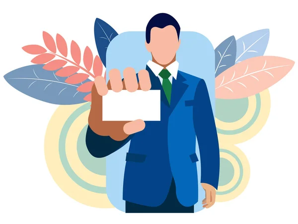 El hombre de negocios muestra una tarjeta de visita, sostiene en su mano. Acércate. En estilo minimalista Dibujos animados raster plano —  Fotos de Stock