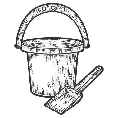 Çocuk kovası ve spatula, sahilde oynuyorlar. Çizim tahtası taklidi. Siyah ve beyaz.