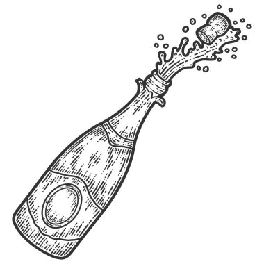 Şampanya şişesi açık. Çizim tahtası taklidi. Siyah ve beyaz.