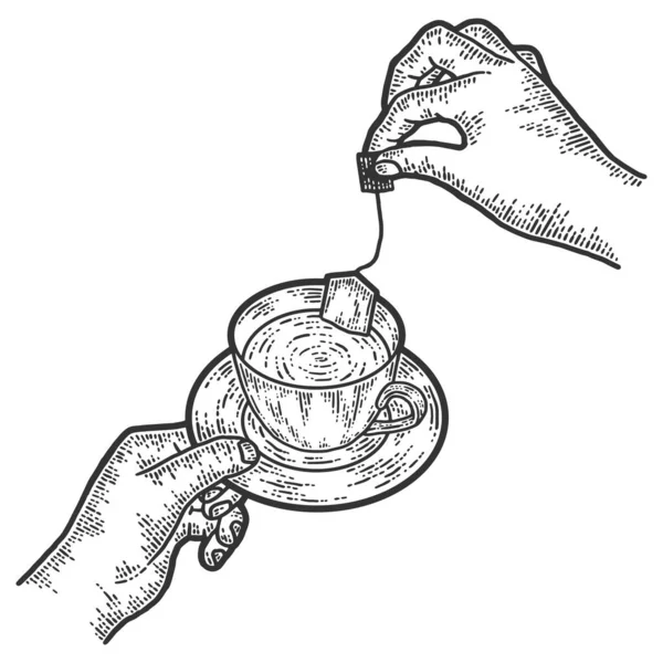 Prépare un sachet de thé dans une tasse. Croquis imitation de planche à gratter. Noir et blanc. — Image vectorielle