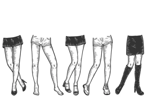 Uppsättning kvinnliga ben med olika skor och kläder. Skiss skråma imitation. Svart och vitt. — Stock vektor