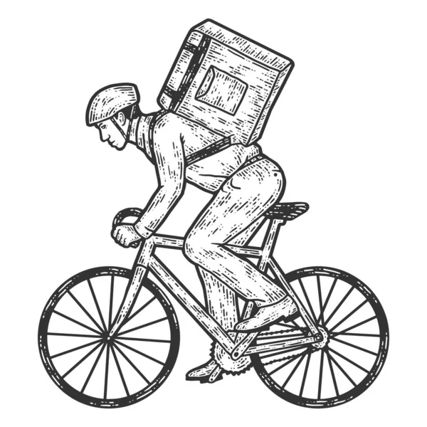 Un repartidor de comida en bicicleta. Imitación del sketch scratch board. Blanco y negro . — Vector de stock