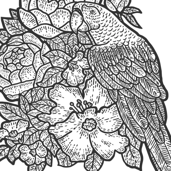 꽃에 색을 칠하는 앵무새. 스크래치 보드 모방 해. 흑백. — 스톡 벡터