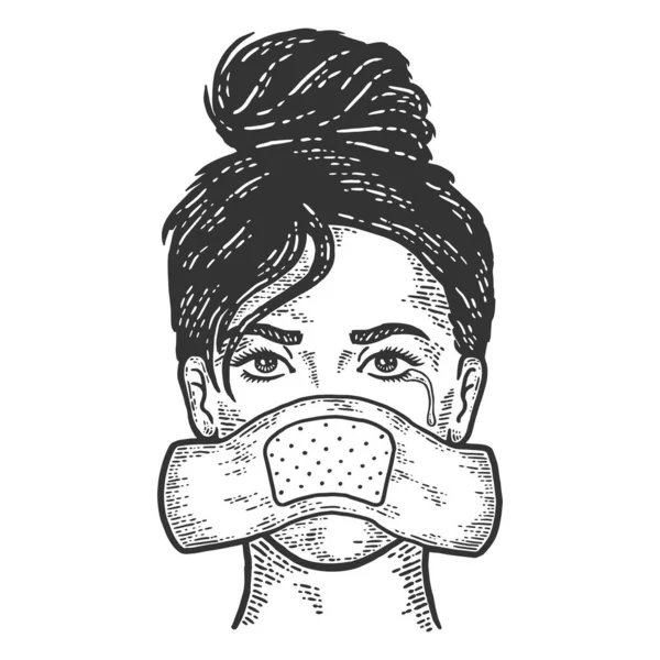 Um grito silencioso. Uma mulher com um grande gesso adesivo no rosto. Sketch imitação placa de arranhão . —  Vetores de Stock