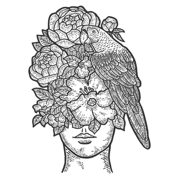 Menina em vez de flores de cara e um papagaio. Sketch imitação placa de arranhão. — Vetor de Stock