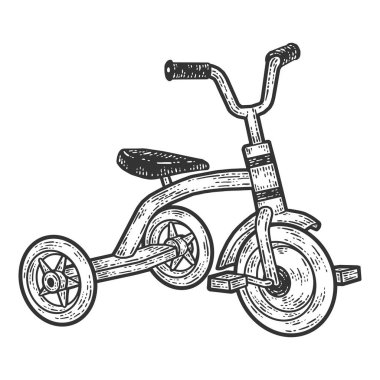 Üç tekerlekli bisiklet, çocuk bisikleti. Çizim tahtası taklidi. Siyah ve beyaz.