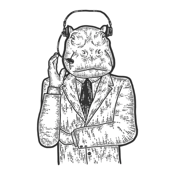 Hipopótamo num fato, empregado do call center. Sketch imitação placa de arranhão. — Vetor de Stock