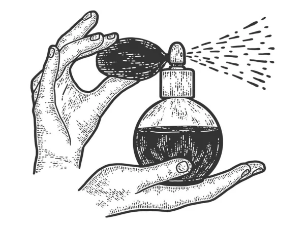 Mãos de mulher segurando uma garrafa de perfume vintage com atomizador . — Vetor de Stock
