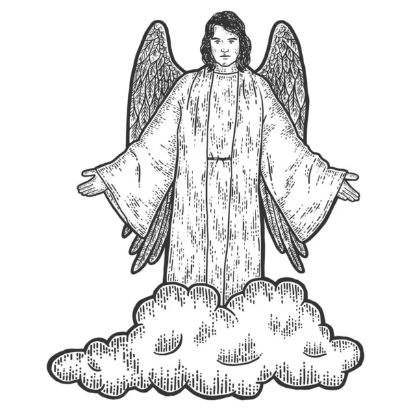 Religion, ange ancien qui vole dans le ciel. Croquis imitation de planche à gratter. — Image vectorielle