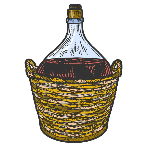 Botella de vino en una cesta de mimbre protectora. Diseño de impresión de ropa. Scratch board imitación. Imagen dibujada a mano en blanco y negro. — Vector de stock